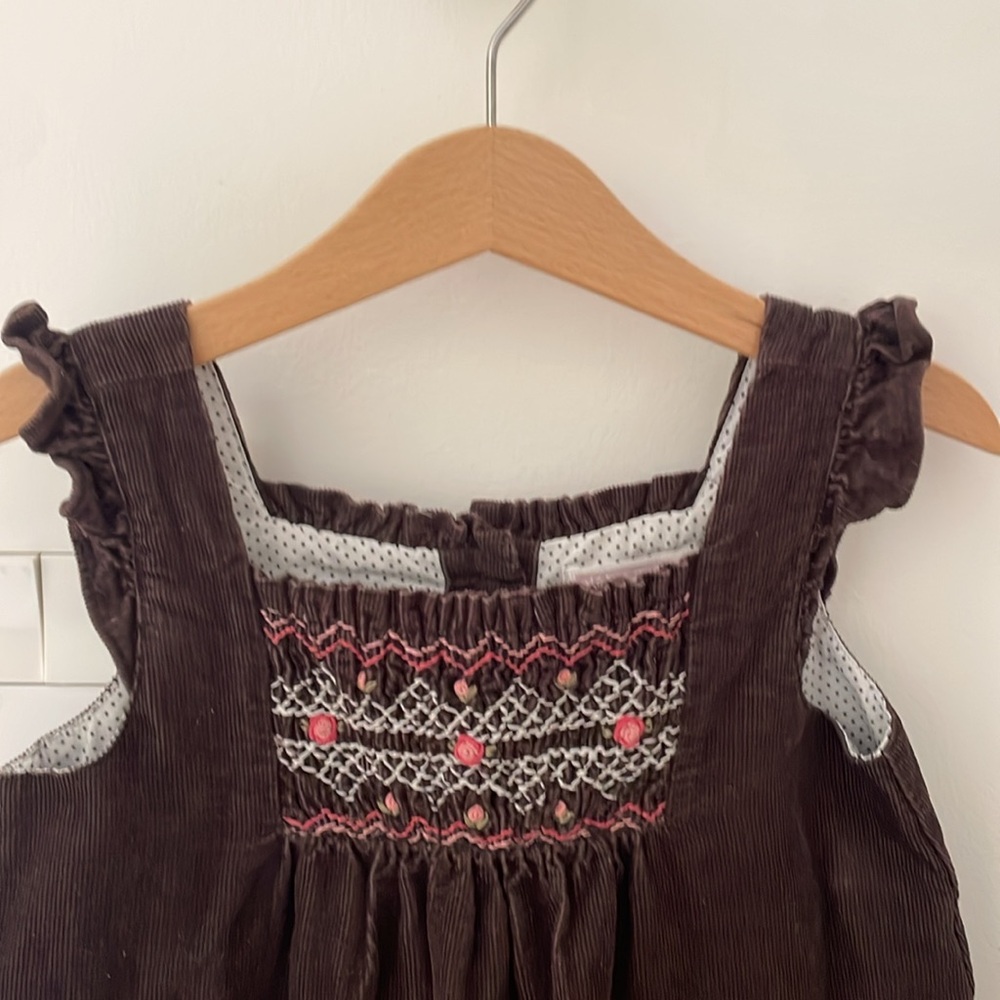 Janie and Jack Girls Brown Corduroy Dress | Ruffle Trim Embroidered Sleeveless - Picture 5 of 13